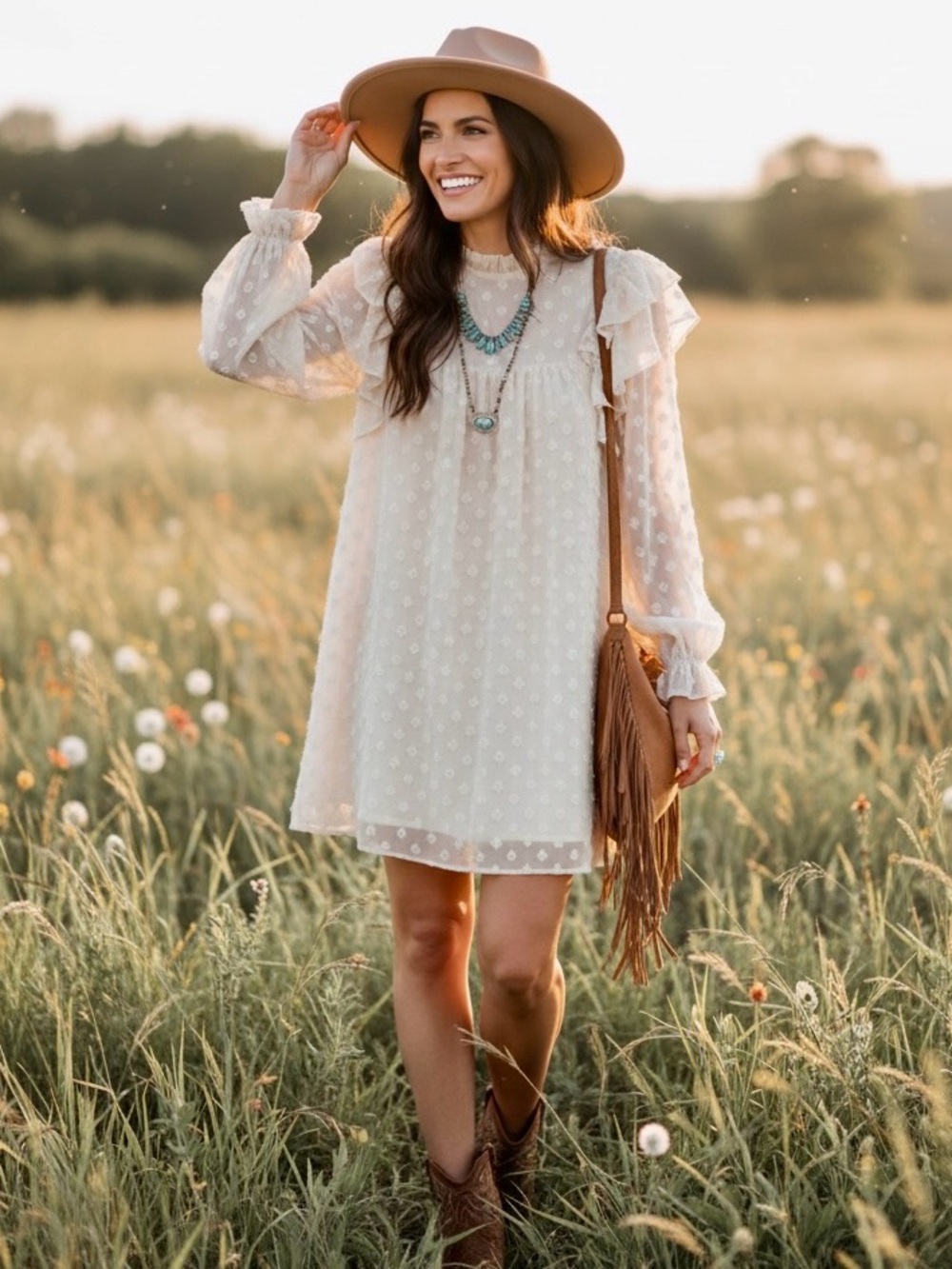 Simplee Ivory Swiss Dot Ruffle Mini Dress